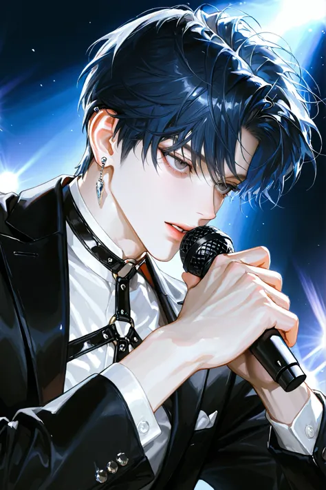 8k, 아름다운 masterpiece, 32 year old man  , handsome, pretty face , short hair, disheveled bangs, dark blue hair, bangs that slightly cover the eye area, pale dark circles, thin eyes, gray-brown eyes, 1 man eating separately , Male-centered, handsome man, Thi...