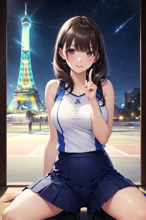 , ( super delicate :1.2), (masterpiece:1.2), ( super delicate  cute 1girl), (), (Delicate, Beautiful Face and Eyes), Blair ( super delicate  ores), (Detailed irises, Intricate Detailed Lashes), (Attractive Lips), BlairK (  intricate and outrageously long curls pastel blue hair and fringes), BlairK (SLIM BODY:1.1),  my waist is thin、Long legs, , BlairK (shiny realistic skin texture:1.2), (sweaty skin:0.5), accurate anatomy, (4 defined fingers), ( One Defined Thumb ), happy smile, BlairK (exquisite details - tennis wear), Park lawn at night with the starry sky and the Eiffel Tower in the background, BlairK kneeling in the center, Sexy Poses, (Clear Focus,  gaze focus:1.2), ( full body shot , dynamic angle), Professional Writing,  atmospheric perspective , bright colors,  RAW photos , 18k Wallpaper 
、、、 、
,((( masterpiece,  Highest Quality,  high resolution, 超 high resolution,  Pixel Perfect ,  description boundary depth, 4K, RTTX10.0))),
、Anegasaki Nene, shiny brown hair, beautiful brown eyes, smiling face, sparkling pupils, (fine grain), , highly detailed face,, (masterpiece:1.2, best quality), ((only1 girl)), ((cowboyshot：1.5))