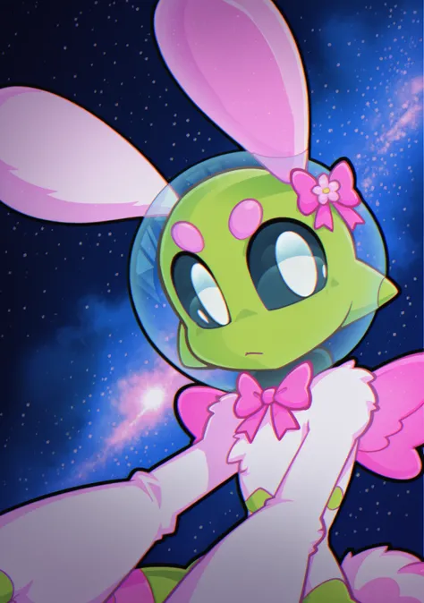 Dynamic angle, sploot,1girl,colored_sclera,white eyes,alien,antennae, space, nebula, Mafu-vkstickrs, fluffy fur with soft pink and white colors, blue eyes, blue lashes, pink ribbon bow, pink wings, small flower decorations in the fur