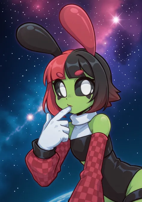 Dynamic angle, sploot,1girl,colored_sclera,white eyes,alien,antennae, space, nebula, Maf, two tone hair, red hair, black hair, black outfit, white gloves, white collar, red sleeves, featuring a checkered sleeve, white collar