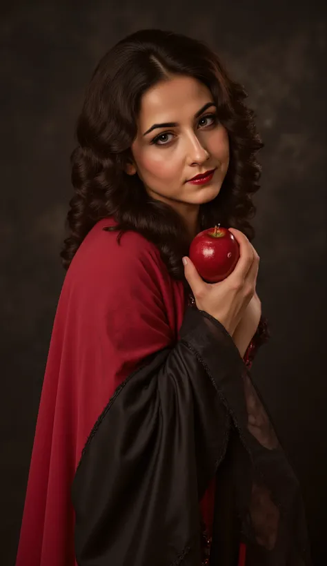 Girl,Black long hair，Black Queen，accessories，Apple in hand，Poison apples，Witch Queen，Red lipstick