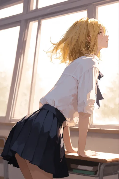 ((best quality)), ((masterpiece)), (detailed), beautiful woman, body goal, wears school uniform, long yellow hair blown in the wind, pose sitting in classroom window, nice light
