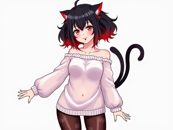 1girl,red eyes,( narrowed pupils ),black hair( red gradient ),dull bangs,long hair,Double tails,curly hair, cat ears and tail ,(no human ears),средняя naked грудь,off transparent sweater:1.2,transparent sweater:1.2,clavicle,strapless:1.2,long sleeves:1.3,sleeves below the wrists:1.2,print pantyhose,cat ears,cat girl,cat tail,:3,tail bow ,,open mouth,stick your tongue out,naked, with a naked pussy 