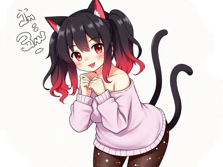 1girl,red eyes,( narrowed pupils ),black hair( red gradient ),dull bangs,long hair,Double tails,curly hair, cat ears and tail ,(no human ears),средняя naked грудь,off transparent sweater:1.2,transparent sweater:1.2,clavicle,strapless:1.2,long sleeves:1.3,sleeves below the wrists:1.2,print pantyhose,cat ears,cat girl,cat tail,:3,tail bow ,,open mouth,stick your tongue out,naked, with a naked pussy 