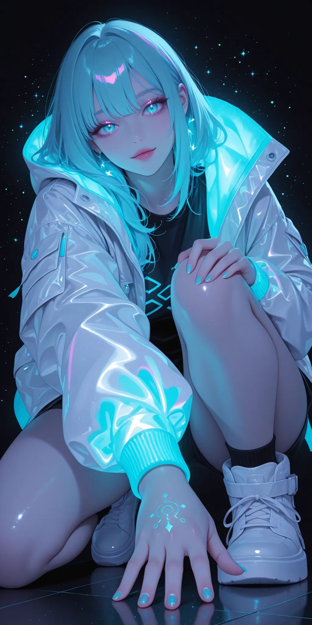Girl, light jacket, neon color, glossy, glow, shine, She poses playfully on one knee, reaching out with one hand , more detail, intricate, view from below