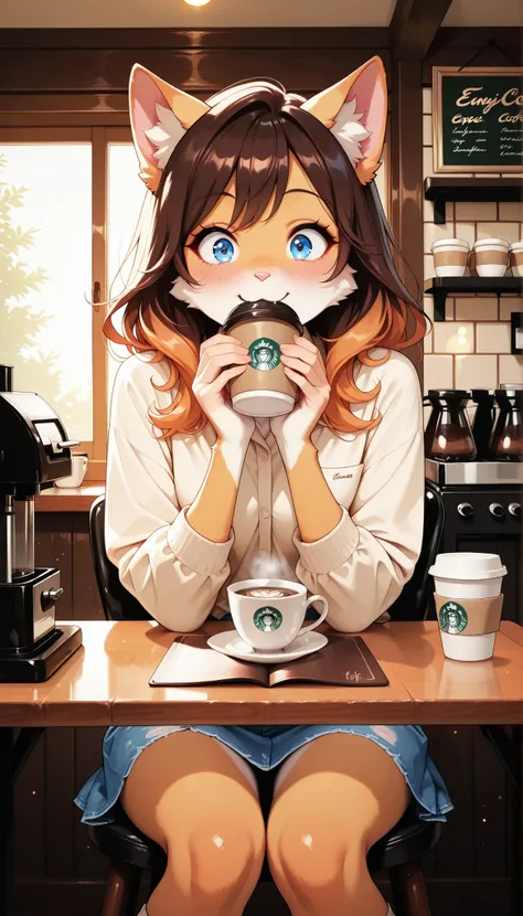 fancy anime style cat girl,Furry,Enjoy hot coffee at a cafe with a surprised expression,hot, laugh,coffee cup in mouth,colorful and cute fashion,surprised,colorful and cute fashion,Warm Lighting, cafe interior,Menu display,tables, espresso machine ,warm ai...