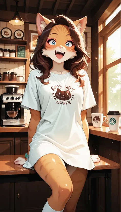 fancy anime style cat girl,Furry,Enjoy hot coffee at a cafe with a surprised expression,hot, laugh,coffee cup in mouth,colorful and cute fashion,surprised,colorful and cute fashion,Warm Lighting, cafe interior,Menu display,tables, espresso machine ,warm ai...