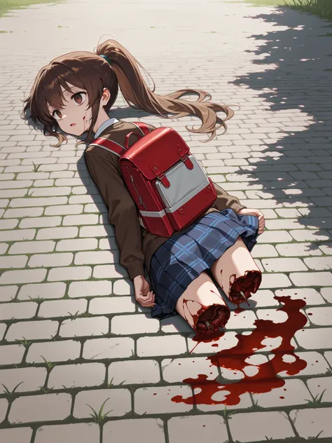 Masterpiece, hd, 2d, anime, brown hair, long  hair, ponytail, blank stare, opened mouth dead body, , gore, (gore:1.3), blood, (blood:1.2), a much of bloods, missing legs, broken legs, no legs, severed legs, dead body, wearing school uniform, backpack , out...