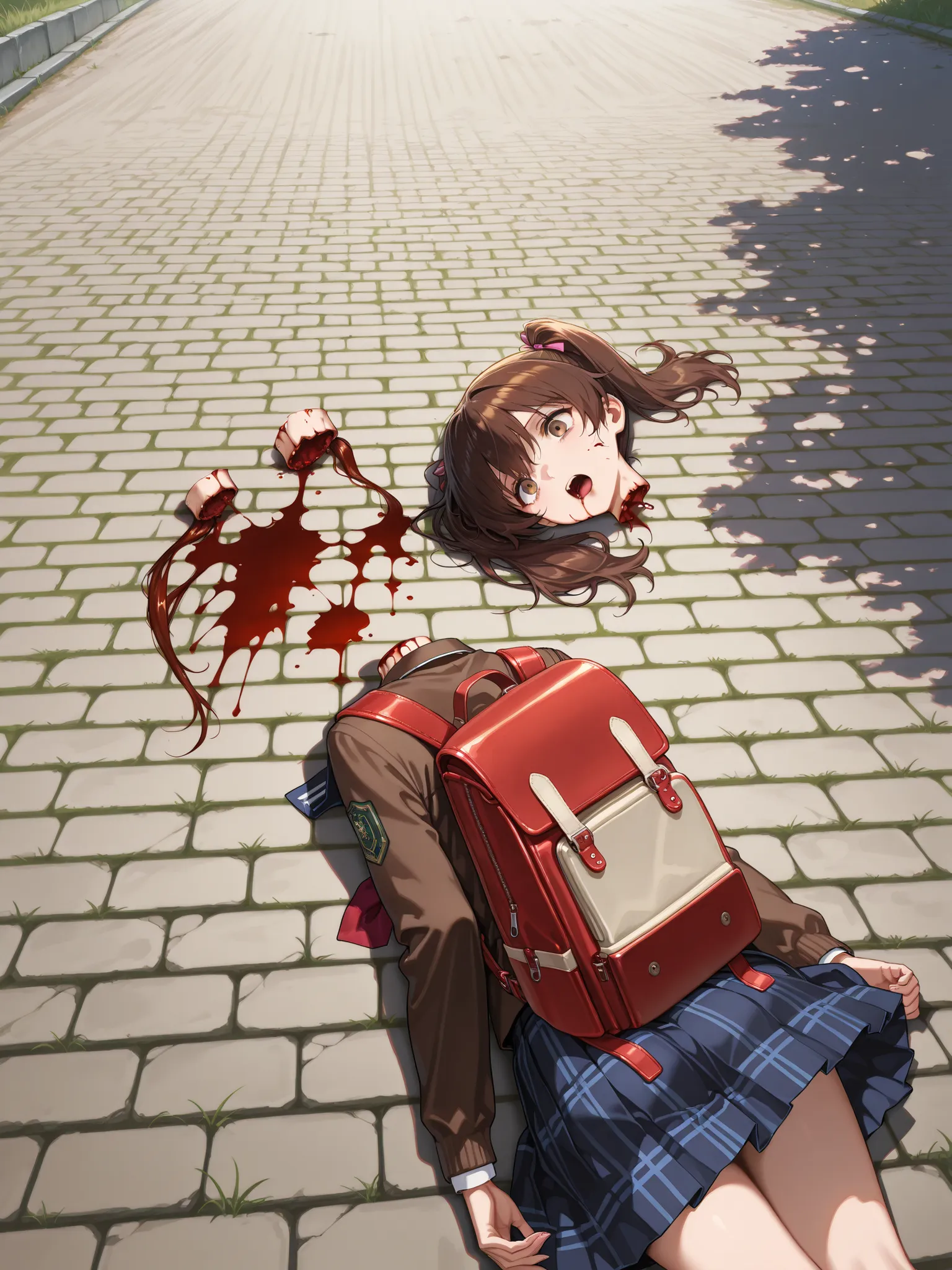 Masterpiece, hd, 2d, anime, brown hair, opened mouth, twintail, gore, (gore:1.3), blood, (blood:1.2), a much of bloods, missing heads, broken heads, no heads, severed heads, , dead body, wearing school uniform, backpack , outdoor,  lying, lying on ground, ...