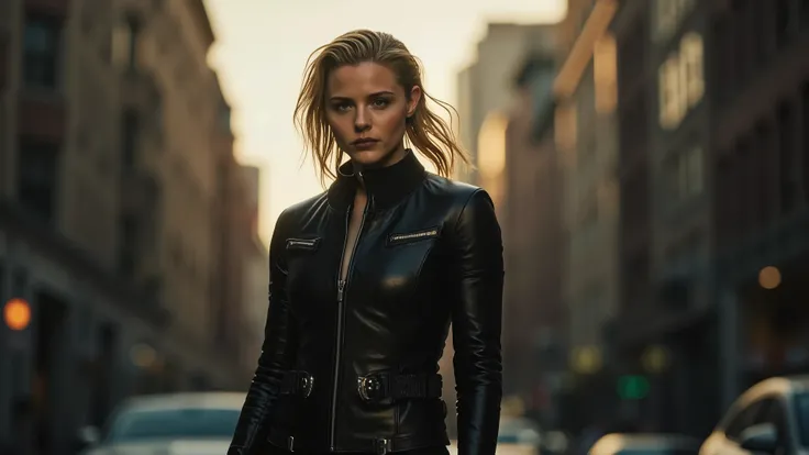 The image features Kristen Stewart as a leather-dressed superheroine, exuding a fierce and confident aura. She stands in a dynamic pose, showcasing a sleek black leather suit that hugs her form, accentuating her athletic build. The composition is striking,...