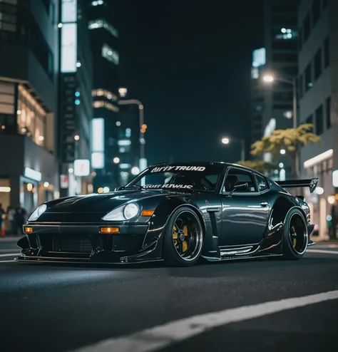 Tune the Datsun Fairlady Z with a wide body and offset wheels,Tune Datsun 1600 with,masterpiece,Ultra fine expression,downtown at night,