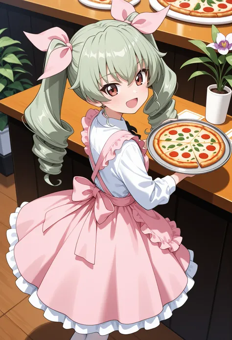 Highest Quality,  details, high resolution, 8k, 超high resolution, Soft Saturation,  1 girl, solo, anchovy  \(girls&panzer)\, drill hair, green hair, twin drill, hair bow, long hair, Pink Apron Dress,  white frill, Pink Ribbon Tie, white pantyhose, open eye...