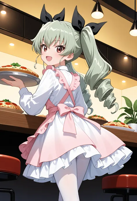 Highest Quality,  details, high resolution, 8k, 超high resolution, Soft Saturation,  1 girl, solo, anchovy  \(girls&panzer)\, drill hair, green hair, twin drill, hair bow, long hair, Pink Apron Dress,  white frill, Pink Ribbon Tie, white pantyhose, open eye...