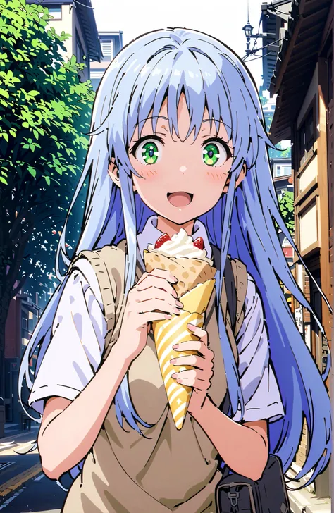 score_9, score_8_up, score_7_up, source_anime, Prohibited bibliography, green eyes,blue hair, long hair, skirt for ears, shirt, uniform, white shirt, Short sleeve, pleated skirt for ears, grey skirt for ears, sweater vest, tokiwadai uniform,white loose so...