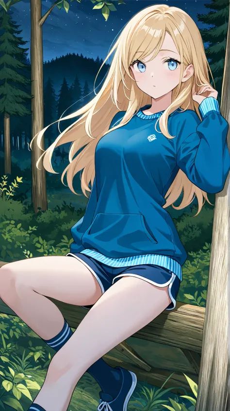 Masterpiece, girl, straight and loose blonde long hair, light blue eyes, blue sweatshirt and dark blue stripes, medium breasts, tailored white shorts, short socks, wallpaper, HD, background in a camping forest in night, The girl is unfaithful to a boy in f...