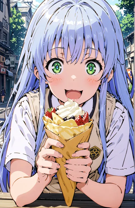 score_9, score_8_up, score_7_up, source_anime, Prohibited bibliography, green eyes,with split bangs,blue hair, long hair, skirt for ears, shirt, uniform, white shirt, Short sleeve, pleated skirt for ears, grey skirt for ears, sweater vest, tokiwadai unifo...