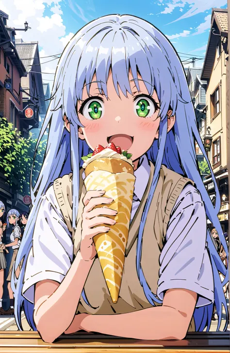 score_9, score_8_up, score_7_up, source_anime, Prohibited bibliography, green eyes,blue hair, long hair, skirt for ears, shirt, uniform, white shirt, Short sleeve, pleated skirt for ears, grey skirt for ears, sweater vest, tokiwadai uniform,white loose so...