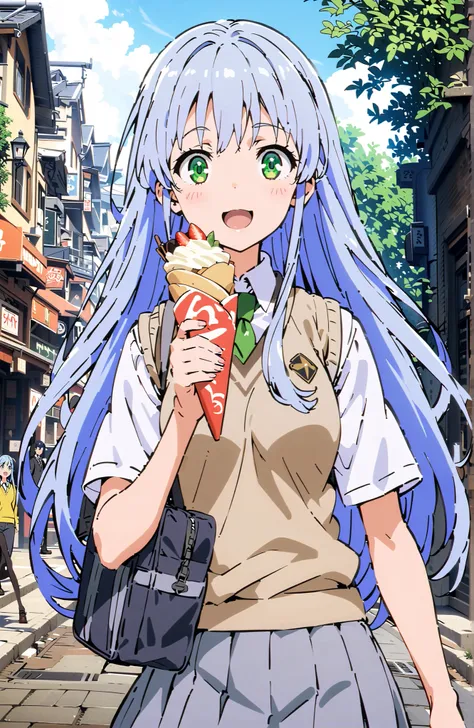 score_9, score_8_up, score_7_up, source_anime, Prohibited bibliography, green eyes,blue hair, long hair, skirt for ears, shirt, uniform, white shirt, Short sleeve, pleated skirt for ears, grey skirt for ears, sweater vest, tokiwadai uniform,white loose so...