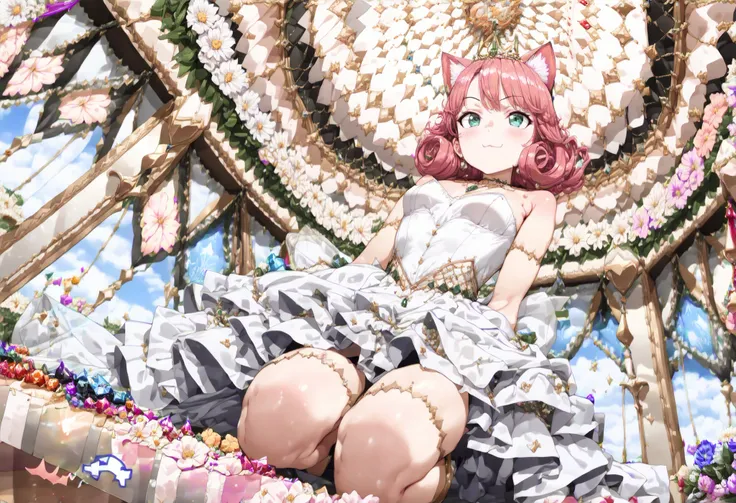 ((best quality)), ((masterpiece)), (detailed), perfect face, ((Best quality, 8k, Masterpiece: 1.3)), Sharp focus A beautiful woman with perfect body, Slim abdomen, gorgeous, dazzling, elegant, showy, Blooming flowers, twinkling stars, Low angle, cat ears, ...
