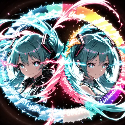 Hatsune Miku, colorful , neonライト, eye trail:1.4, Full Body Map, Rotational Symmetry, lively, black background, Glowing Contours, neon, Black Light, watching viewers, Virtual Idol, ultra high resolution, RAW PHOTO, (Highest Quality:1.2, CG illustration, ma...
