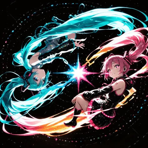 Hatsune Miku, colorful , neonライト, eye trail:1.4, Full Body Map, Rotational Symmetry, lively, black background, Glowing Contours, neon, Black Light, watching viewers, Virtual Idol, ultra high resolution, RAW PHOTO, (Highest Quality:1.2, CG illustration, ma...