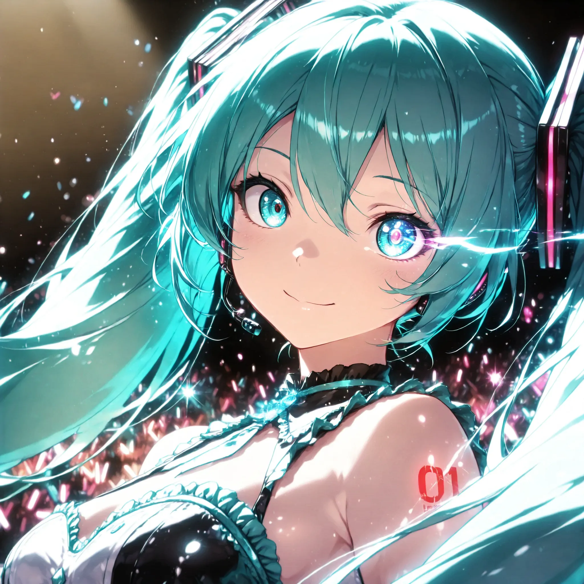 Hatsune Miku, colorful , neonライト, eye trail:1.4, bust shot,face close-up, Live Stage, lively, black background, Glowing Contours, neon, Black Light, watching viewers, Virtual Idol, ultra high resolution, RAW PHOTO, (Highest Quality:1.2, CG illustration, m...