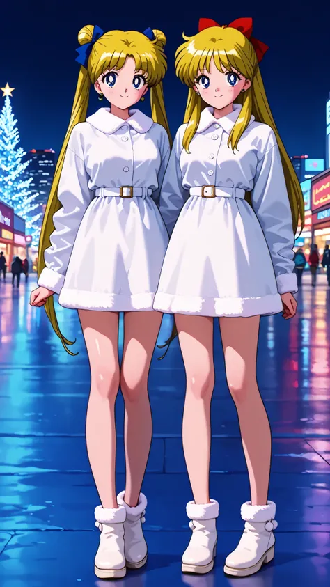 masterpiece, amazing quality, best quality, ultra-detailed, 8K, illustration, clear skin, ultra-detailed-eyes, soft skin, very awa, very as2, shiny skin, shiny hair, soft body, 90's style, official art, twin sisters,two girls,full body front,slim body,very...