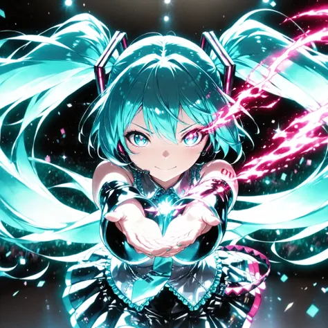 Hatsune Miku, colorful , neonライト, eye trail:1.4, cowboy shot,face close-up, Live Stage, lively, black background, Glowing Contours, neon, Black Light, watching viewers, Virtual Idol, ultra high resolution, RAW PHOTO, (Highest Quality:1.2, CG illustration,...