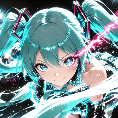 Hatsune Miku, colorful , neonライト, eye trail:1.4, cowboy shot,face close-up, Live Stage, lively, black background, Glowing Contours, neon, Black Light, watching viewers, Virtual Idol, ultra high resolution, RAW PHOTO, (Highest Quality:1.2, CG illustration,...