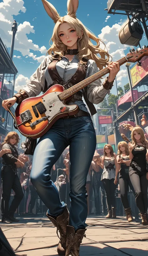 CMA FEST, hosted by the Country Music Association in Nashville, a Viera woman performing country music on stage, wearing a denim shirt, cowboy leather jacket, blue jeans, cowboy boots, and accordion-style guitars