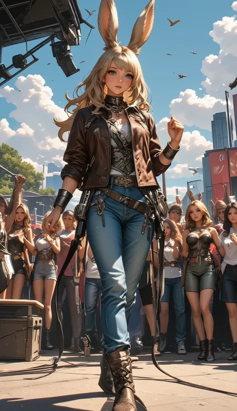 CMA FEST, hosted by the Country Music Association in Nashville, a Viera woman performing country music on stage, wearing a denim shirt, cowboy leather jacket, blue jeans, cowboy boots, and accordion-style guitars