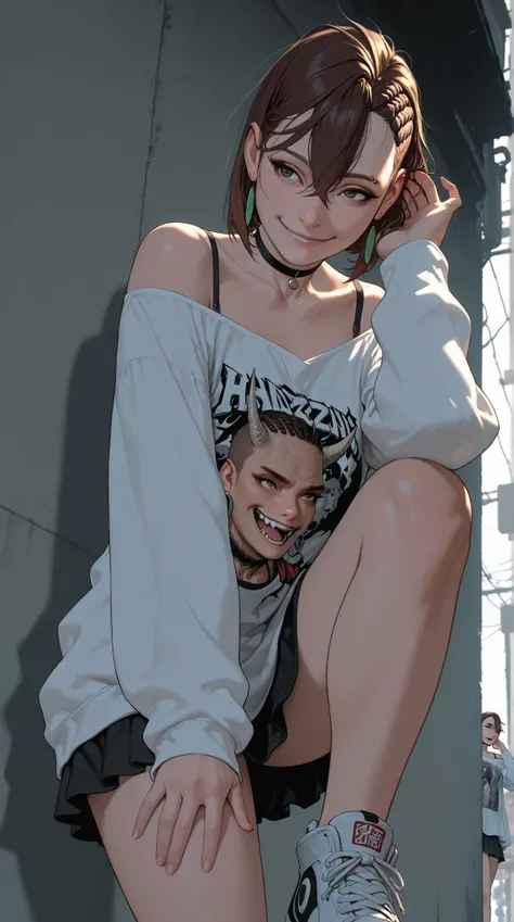 HDR, 8K, masterpiece, best quality, amazing quality, very aesthetic, realistic, newest, volumetric lighting, (flat colors:0.7), (artist:incase:0.3), (artist:tsuaii:0.3), Sinozick_illu, HassaKu_illu, momo ayase (dandadan), brown hair, short hair, cornrows, ...