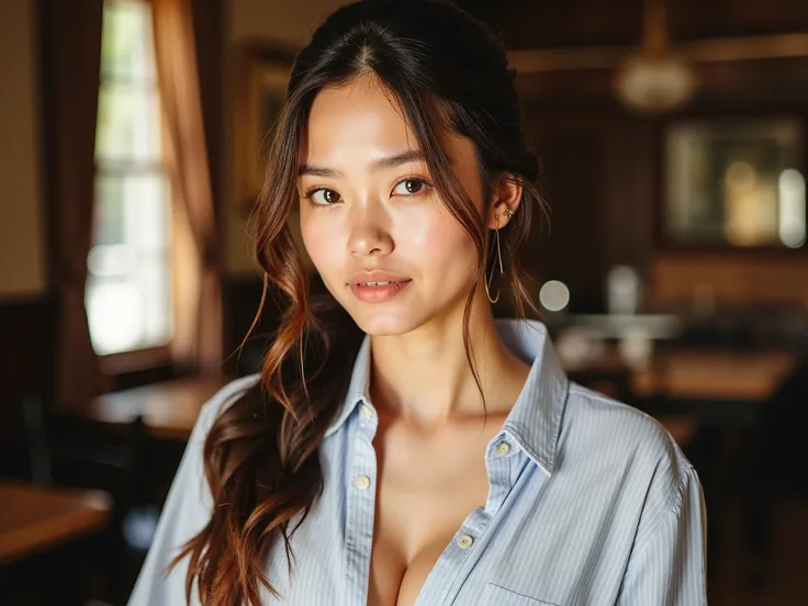 A girl with a narrow waist and big , long hair tied in an equestrian ponytail. she is very pretty, amazing, bright, sensitive !