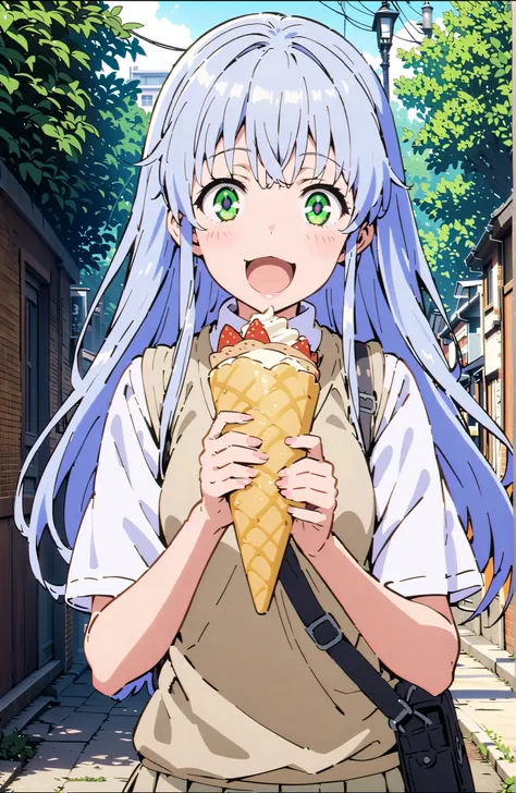 score_9, score_8_up, score_7_up, source_anime, Prohibited bibliography,solo, green eyes,with split bangs,blue hair, long hair, skirt for ears, shirt, uniform, white shirt, Short sleeve, pleated skirt for ears, grey skirt for ears, sweater vest, tokiwadai ...