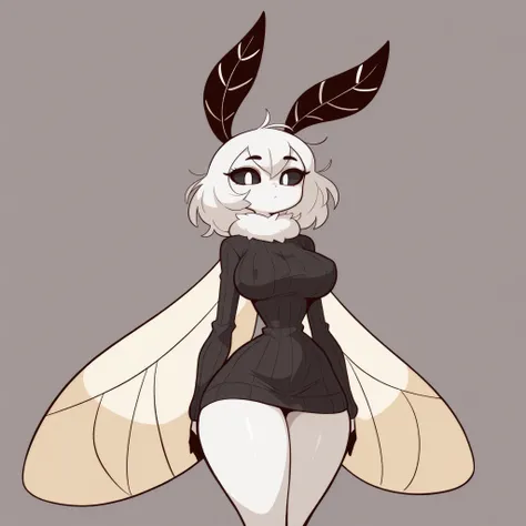 masterpiece, best quality, amazing quality, very aesthetic, absurdres, high res, shiny skin, diives, 1girl, solo, anthro furry, moth, short messy white hair, black sclera, white eyes, pale skin, white fur collar, moth antennae, moth wings, big breasts, nar...