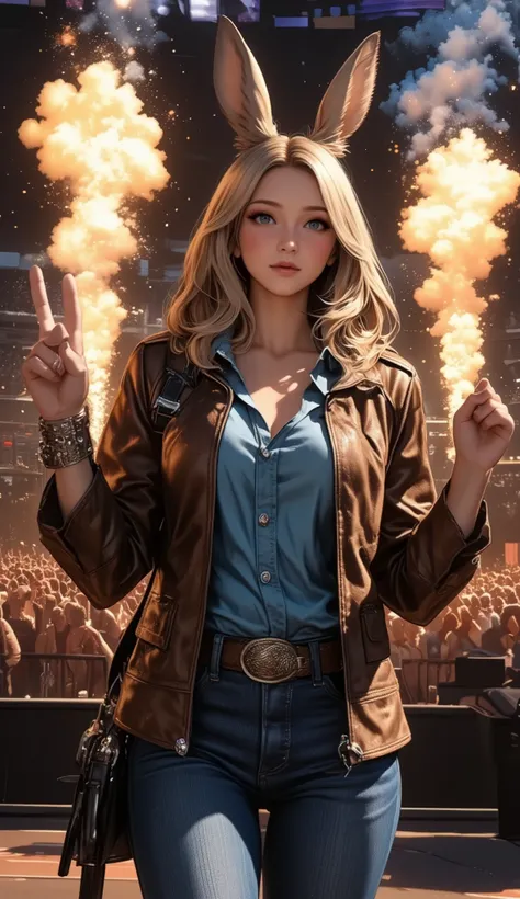 CMA FEST, organized by the Country Music Association of Nashville, a Viera woman performing country music on stage, view from behind, 100,000 enthusiastic spectators, denim shirt, cowboy leather jacket, blue jeans, cowboy boots, acoustic guitar, singing to...