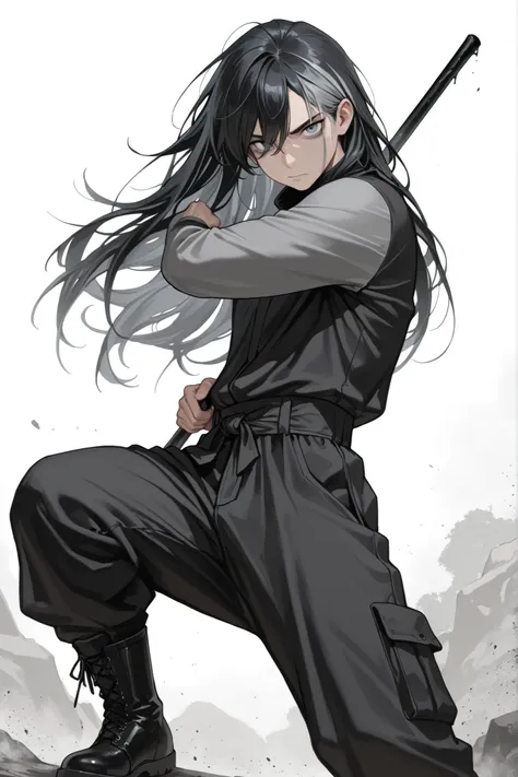 (Masterpiece, absurdres, newest topquality) 1boy, solo, maturemale, malefocus, long hair, black hair, grey streaks, blue-greyish eyes, form fitting longsleeves, black cargo pants, black boots, standing, fighting pose, white background, looking at viewer, ...
