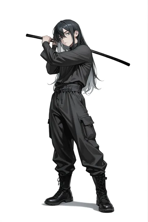 (Masterpiece, absurdres, newest topquality) 1boy, solo, maturemale, malefocus, long hair, black hair, grey streaks, blue-greyish eyes, form fitting longsleeves, black cargo pants, black boots, standing, siting pose, white background, looking at viewer, ho...