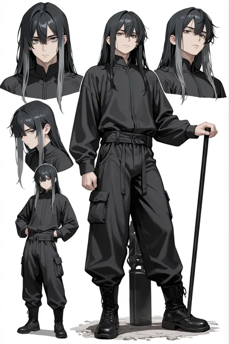 (Masterpiece, absurdres, newest topquality) 1boy, solo, maturemale, malefocus, long hair, black hair, grey streaks, blue-greyish eyes, form fitting longsleeves, black cargo pants, black boots, standing, siting pose, white background, looking at viewer, ho...