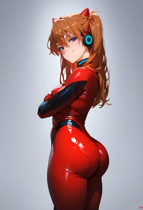 (score 9 up ,  score 8 above ,  highest score , highest quality),
1 girl, Souryuu Asuka Langley, plug suit,  Big , ass, Blue eyes,  interface headphones ,  red body suit ,  looking at the spectator, pilot's uniform, bright clothes, skin tight, hair between...