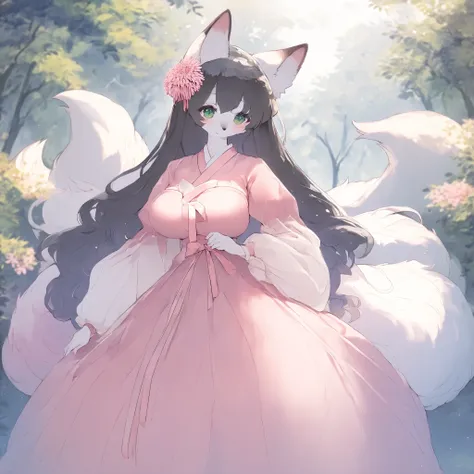 fox female white , kemono , furry , Korean style , forest , black hair , long hair , green eyes , slim , big breasts , two fluffy tails , cute , long legs, red Hanbok chrysanthemum motifs, court lady dress , watertight eyes , "highly detailed, soft light, ...