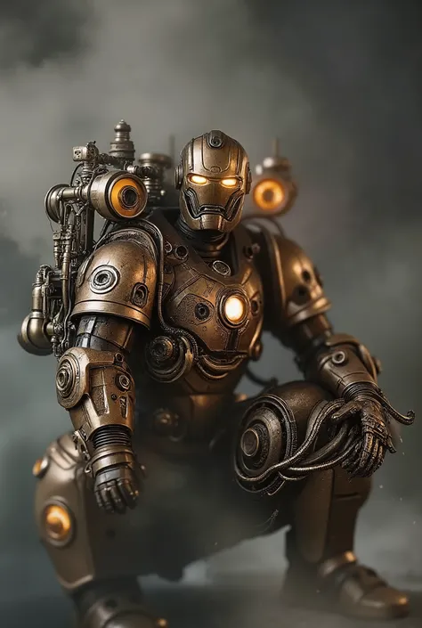 Highly detailed steampunk Ironman prototype armor, heavy mechanical exosuit made of bronze and brass, exposed gears, pistons, pipes, and pressure gauges, glowing orange energy vents, rugged and industrial retro-futuristic design, worn metallic textures, Vi...