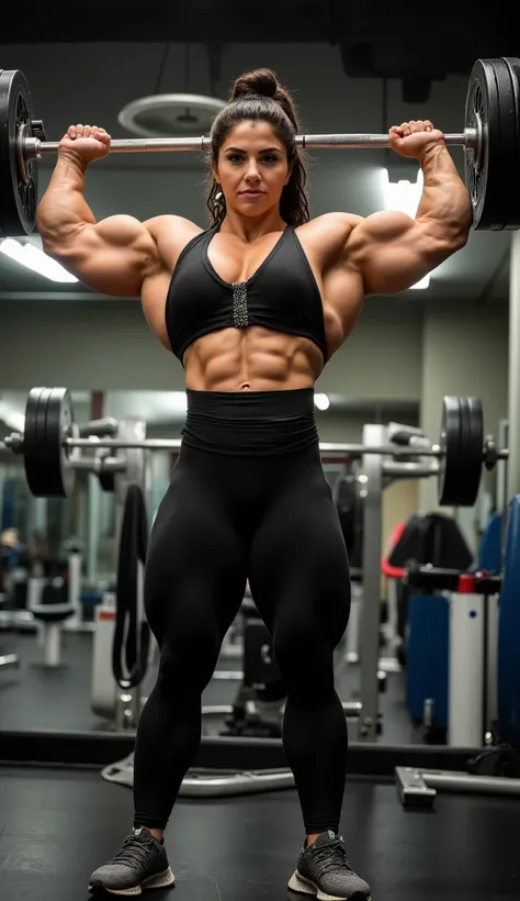 Standing in a luxury gym, with modern weights and machines in the background, the 50-year-old woman adopts a dominant pose, holding a barbell across her shoulders with ease. Her physique is absolutely imposing: extremely muscular, with gigantic, defined ar...
