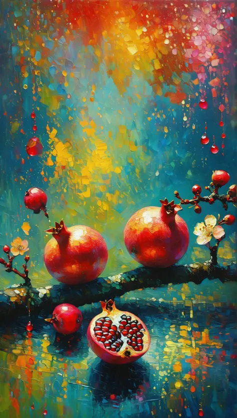 high definition vibrant pure colors , abstract expressionism  cubism, , close up cherry flowers branch and pomegranate slices still life top angle, sparks, ,  floral, Paisley pattern, swirling,  filigree, filled with details, water drops,  emotionally expr...
