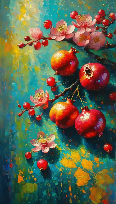 high definition vibrant pure colors , abstract expressionism  cubism, , close up cherry flowers branch and pomegranate slices still life top angle, sparks, ,  floral, Paisley pattern, swirling,  filigree, filled with details, water drops,  emotionally expr...