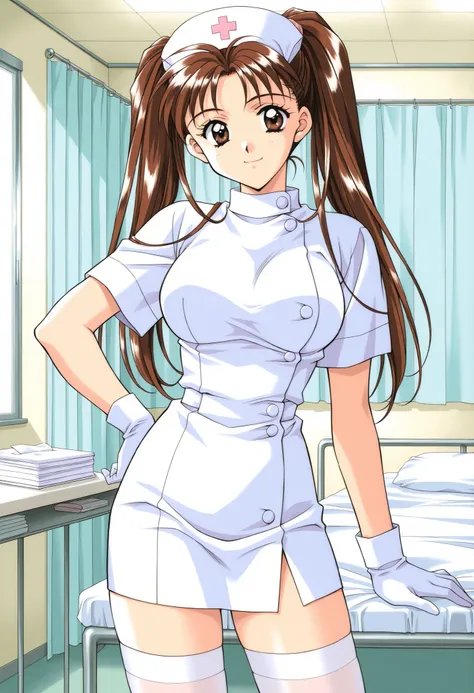 Score_9, score_8_up, score_7_up, source_anime, KanouRyouko, 1girl, solo, twintails, brown hair, brown eyes, large breasts, 1990s (style), kadoi aya style, (best quality), (high quality), {masterpiece}, extremely delicate and beautiful, ultra-detailed, bea...