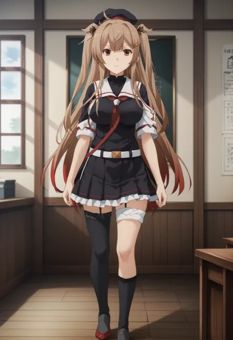 Murasame (KANCOLLE)、(Murayama Nikkantai collection),  light brown hair, 1 girl, solo, long hair, chest,hair ornament, Red Eyes, ribbon, uniform, hair ribbon, pleated skirt, sailor suit, hair clip, black thigh high socks, transparent ear cover, Black Skirt,...