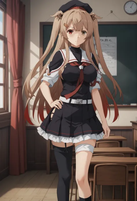 Murasame (KANCOLLE)、(Murayama Nikkantai collection),  light brown hair, 1 girl, solo, long hair, chest,hair ornament, Red Eyes, ribbon, uniform, hair ribbon, pleated skirt, sailor suit, hair clip, black thigh high socks, transparent ear cover, Black Skirt,...