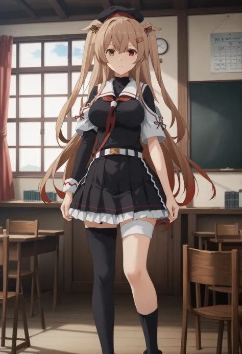 Murasame (KANCOLLE)、(Murayama Nikkantai collection),  light brown hair, 1 girl, solo, long hair, chest,hair ornament, Red Eyes, ribbon, uniform, hair ribbon, pleated skirt, sailor suit, hair clip, black thigh high socks, transparent ear cover, Black Skirt,...