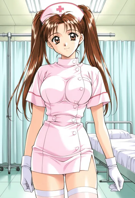 Score_9, score_8_up, score_7_up, source_anime, KanouRyouko, 1girl, solo, twintails, brown hair, brown eyes, large breasts, 1990s (style), kadoi aya style, (best quality), (high quality), {masterpiece}, extremely delicate and beautiful, ultra-detailed, bea...